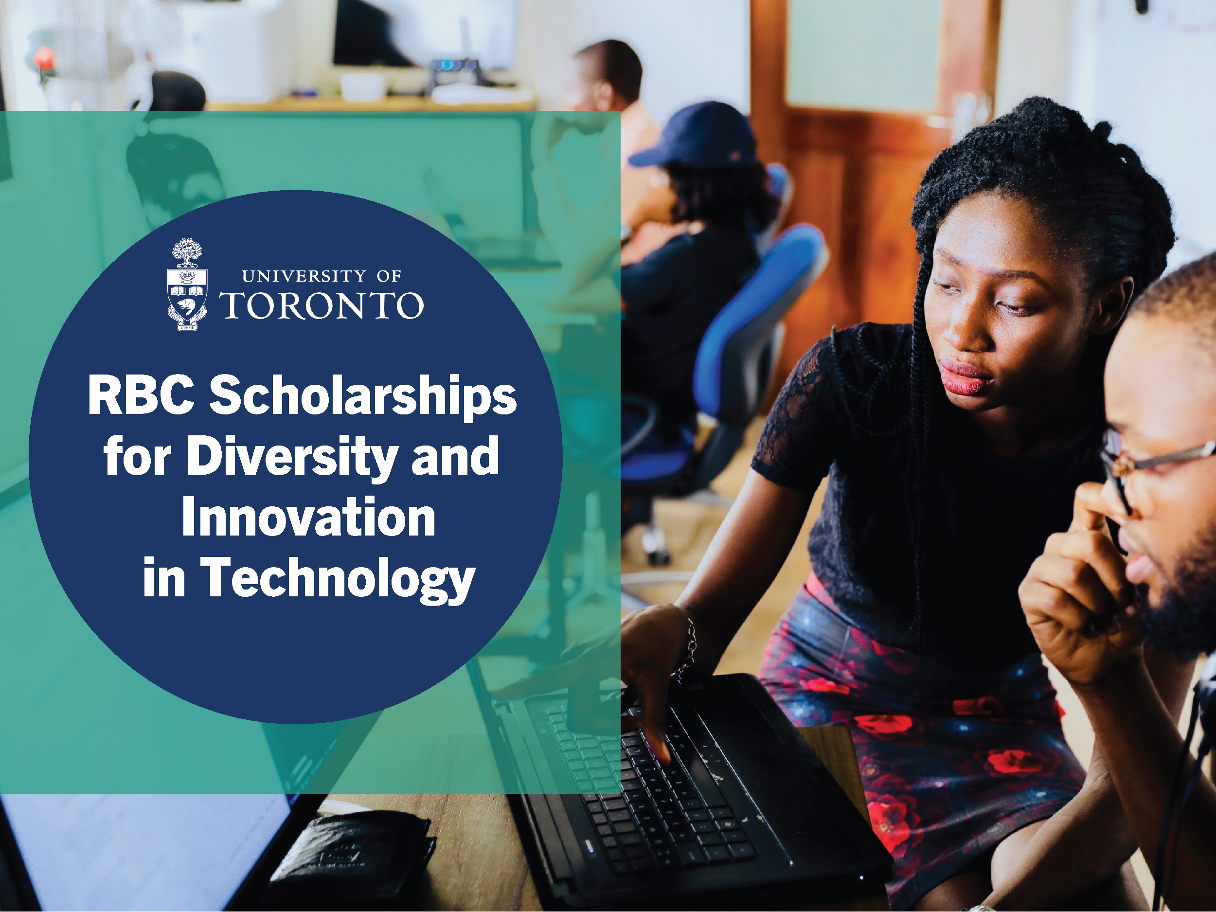 A young Black woman with locs and a young Black man wearing glasses work on a computer together